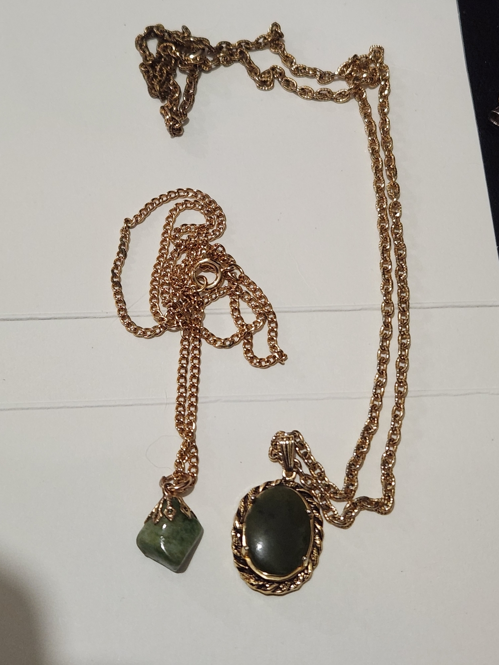 Gold Tone Necklace Set: 1 Oval of Dark Prehnite Stone Pendant & 1 Rhyolite Piece